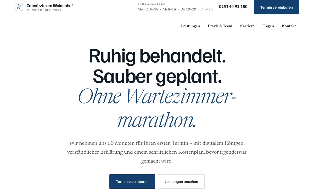 Startseite der Konzeptstudie Zahnärzte am Weidenhof